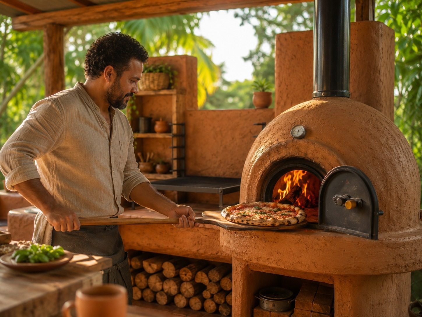Sacando una pizza recién horneada de un horno de barro con pala de madera