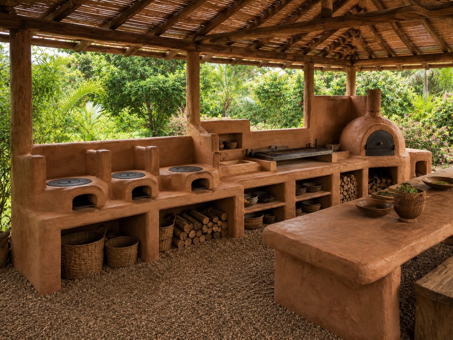 Cocina comunitaria de barro de gran formato con varias estaciones de cocción