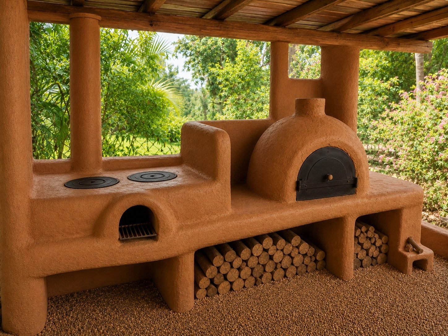 Módulo de barro con cocina rocket de dos hornallas y horno artesanal