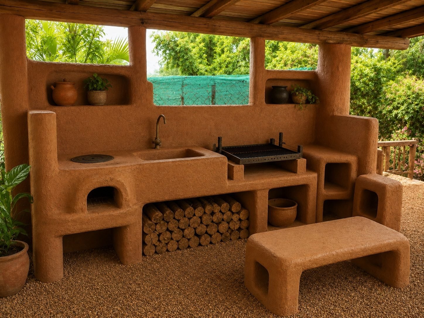 Muebles de barro con mesada, bacha, estantes, nichos y banco artesanal
