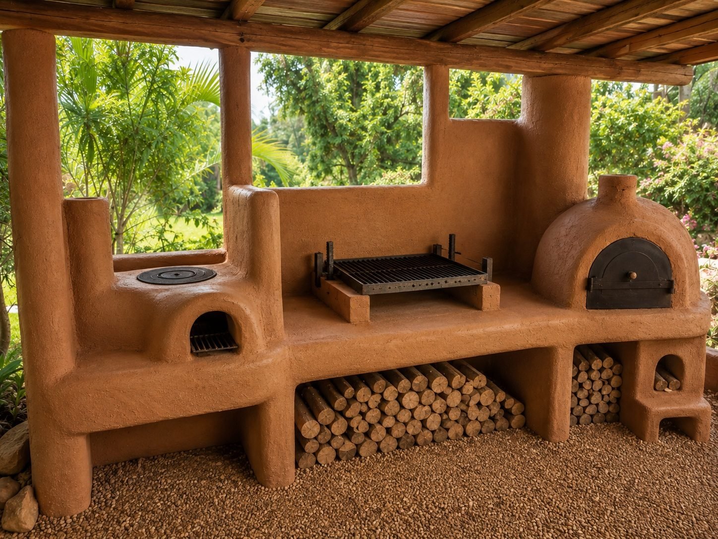 Quincho Villa de Piro Barro con cocina rocket, parrilla argentina y horno de barro en jardín tropical