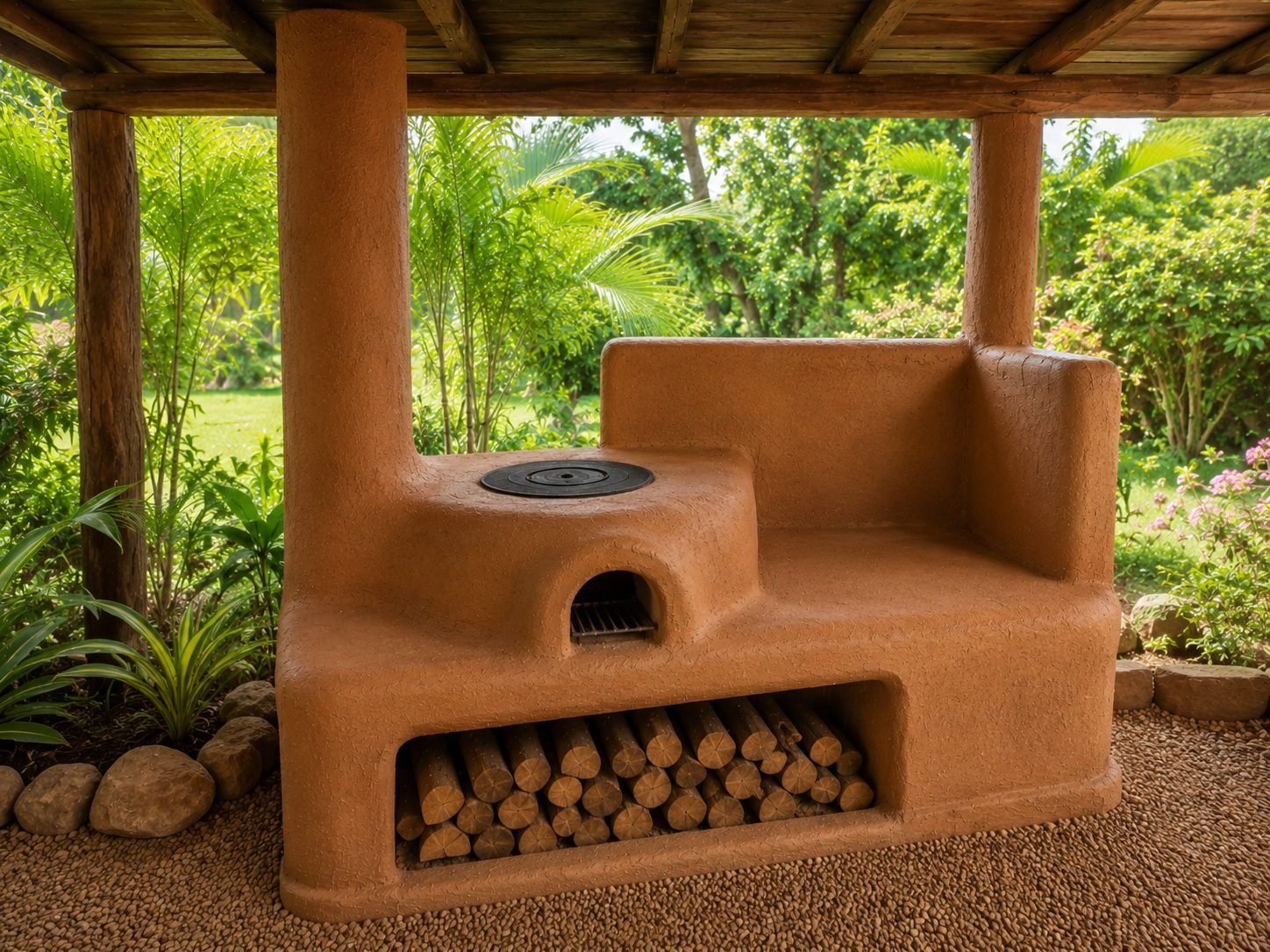 Cocina rocket de barro de una hornalla bajo quincho tropical